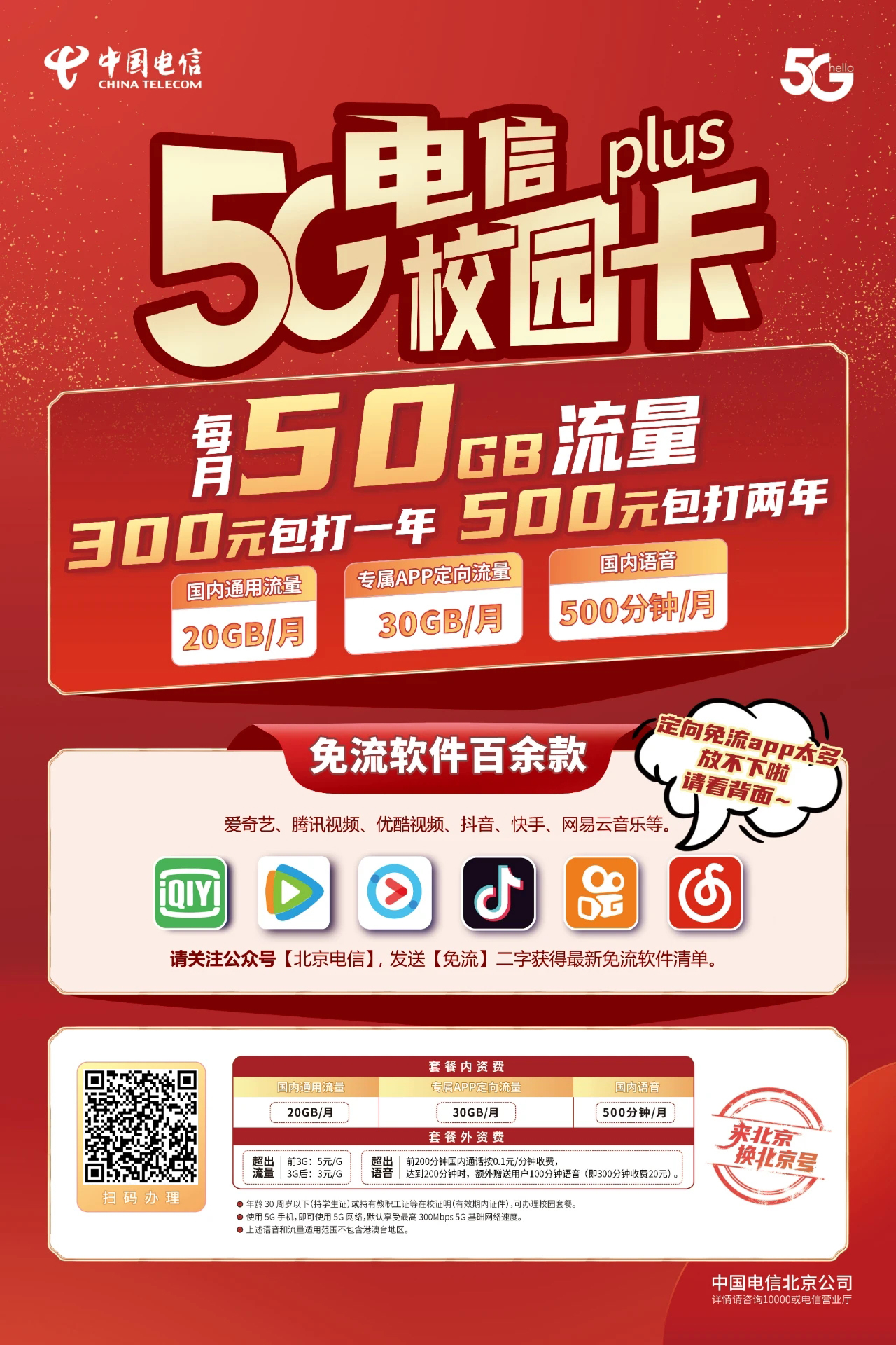 【暂时停售】#北京电信校园卡#300元包年：50GB全国流量，500分钟通话，全国包邮